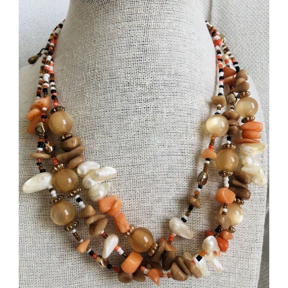 Autumn Fall Tone Choker Necklace~Glass/Stone/Seed Bead/Shell